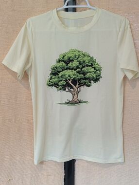 Amazon Cream Short Sleeve Tee with Green Tree Graphic